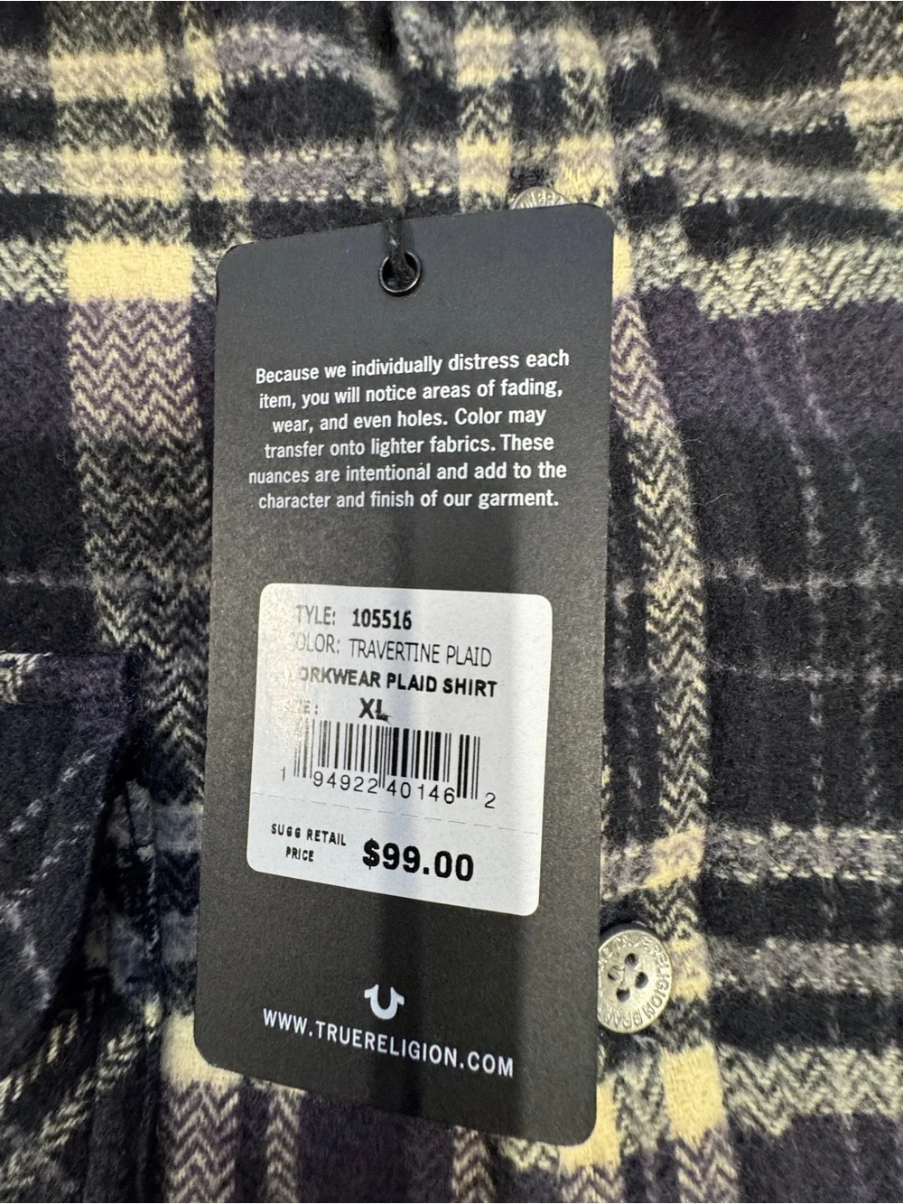 NWT True Religion Travertine Purple/Black Plaid Flannel XL Large Logo On Back 05